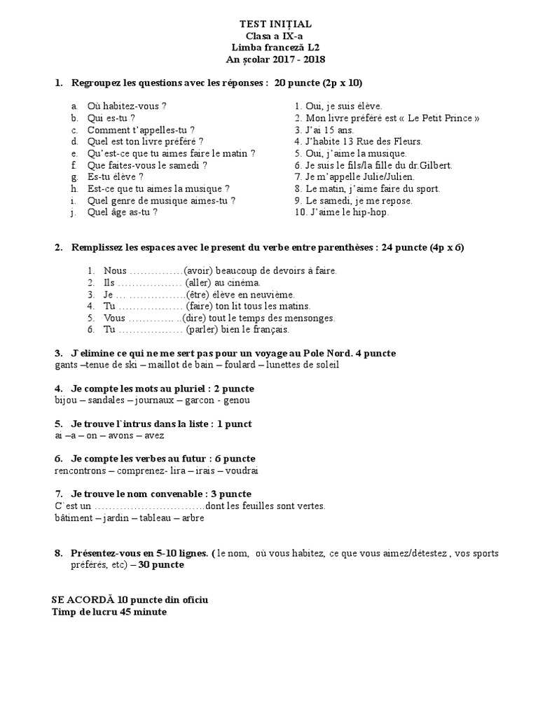 Test Initial de Français - Clasa 9 | PDF | Sémiotique | Linguistique
