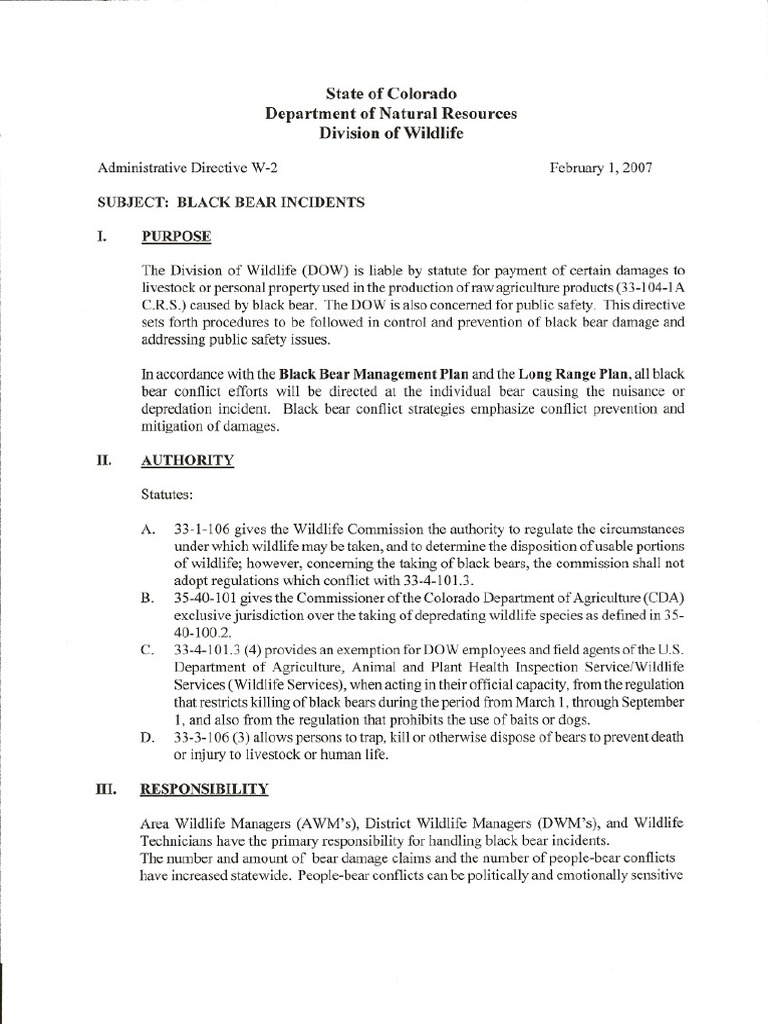 Colorado Parks and Wlidlife Administrative Directive: Black Bear ...