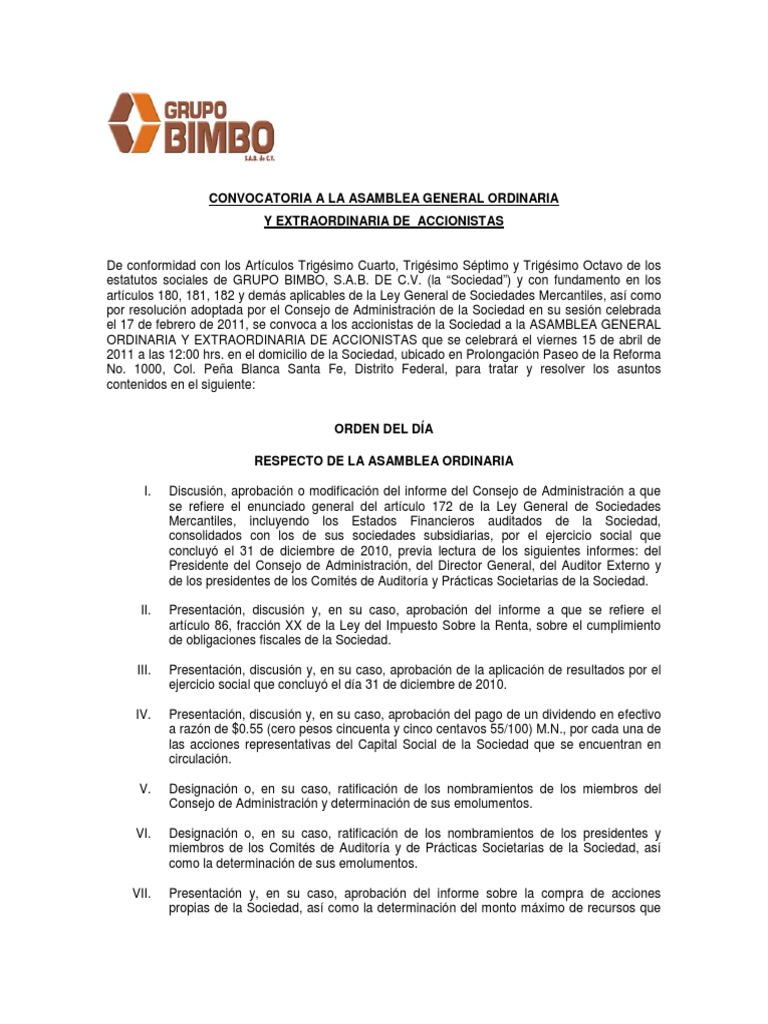 Ejemplo Convocatoria A Asamblea General | PDF | Compartir (Finanzas) |  Bolsa de Valores