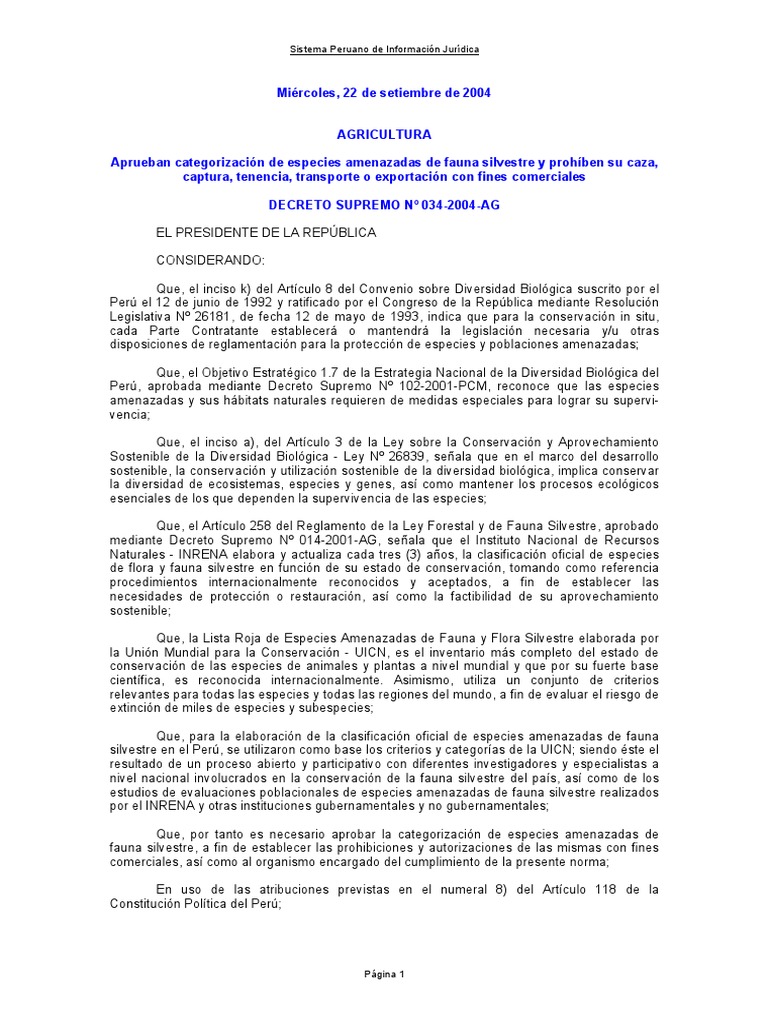 Peru - Supreme Decree No. 034-2004-AG | Los bosques | Especie en peligro