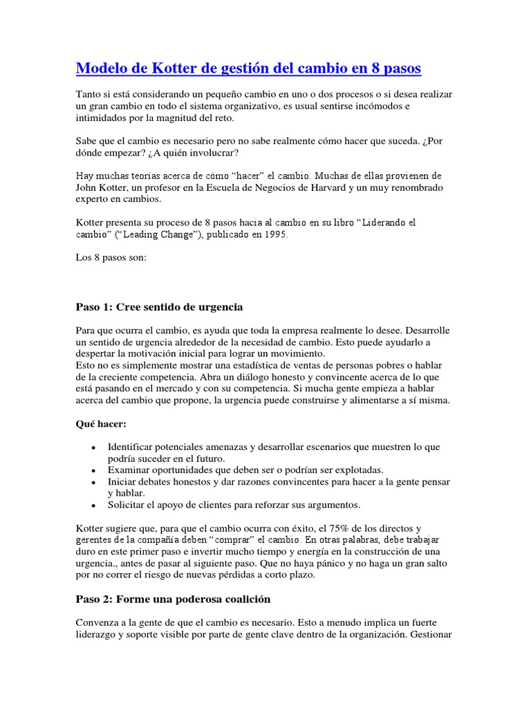 Modelo de Kotter de Gestión Del Cambio en 8 Pasos PDF | PDF | Liderazgo ...