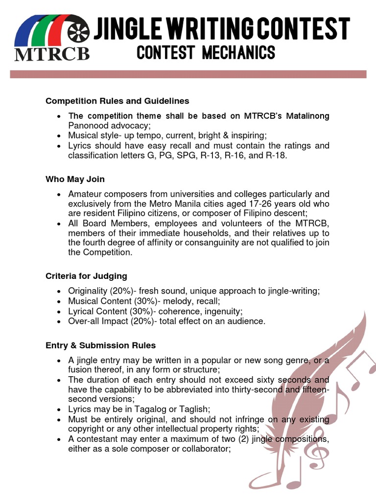 Mtrcb Jingle Writing Contest Mechanics Pdf Leisure Entertainment General