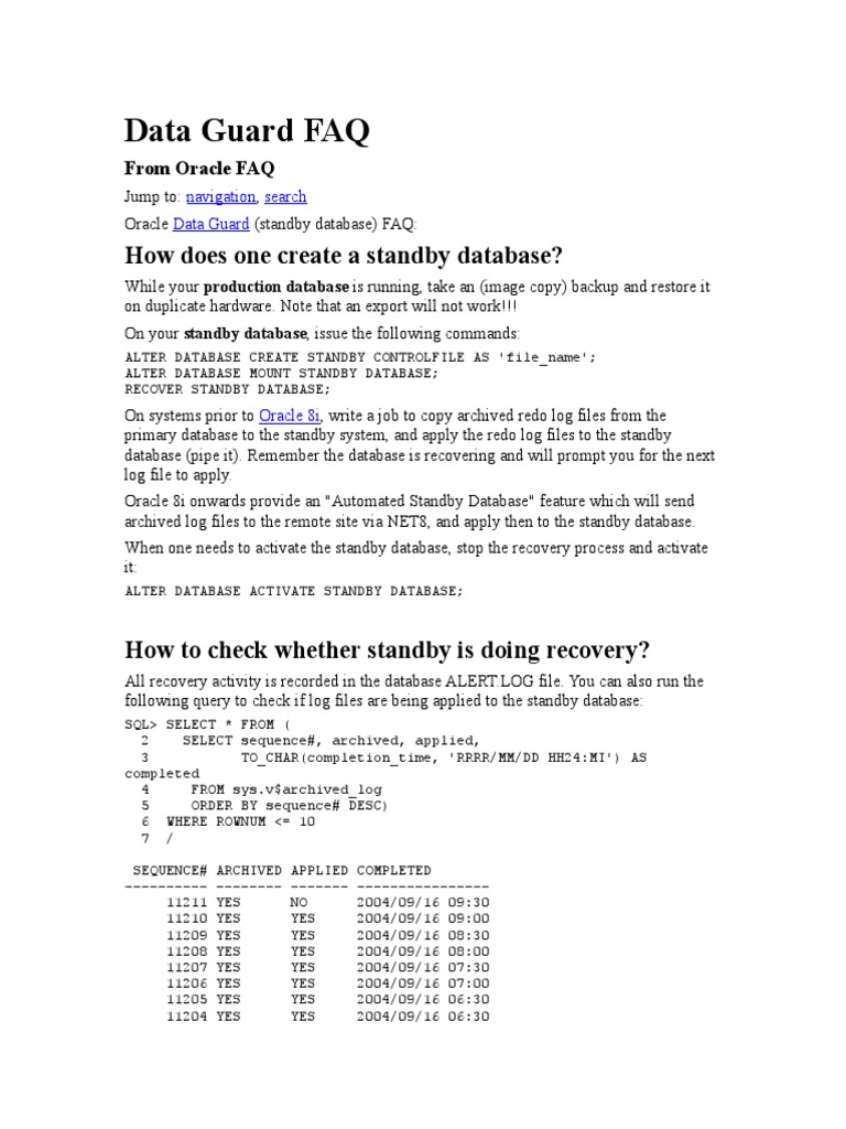Data Guard FAQ: How Does One Create A Standby Database? | PDF ...