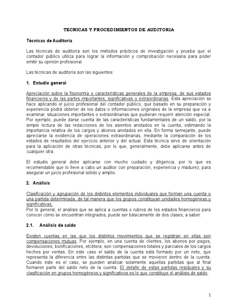 Tecnicas y Procedimientos de Auditoria | PDF | Auditoría financiera ...