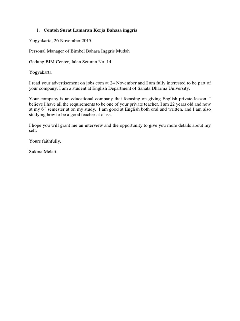 Contoh Surat Lamaran Kerja Pake Bahasa Inggris - Bagi ...