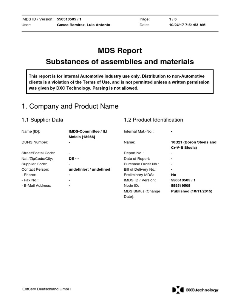 IMDS MDS Report for 10B21 Steel | PDF | Chemical Elements | Computing