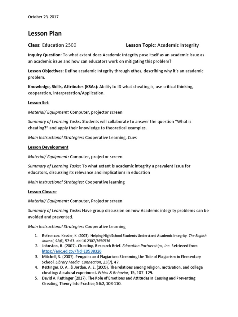 Academic Integrity Lesson Plan | PDF | Academic Integrity | Learning