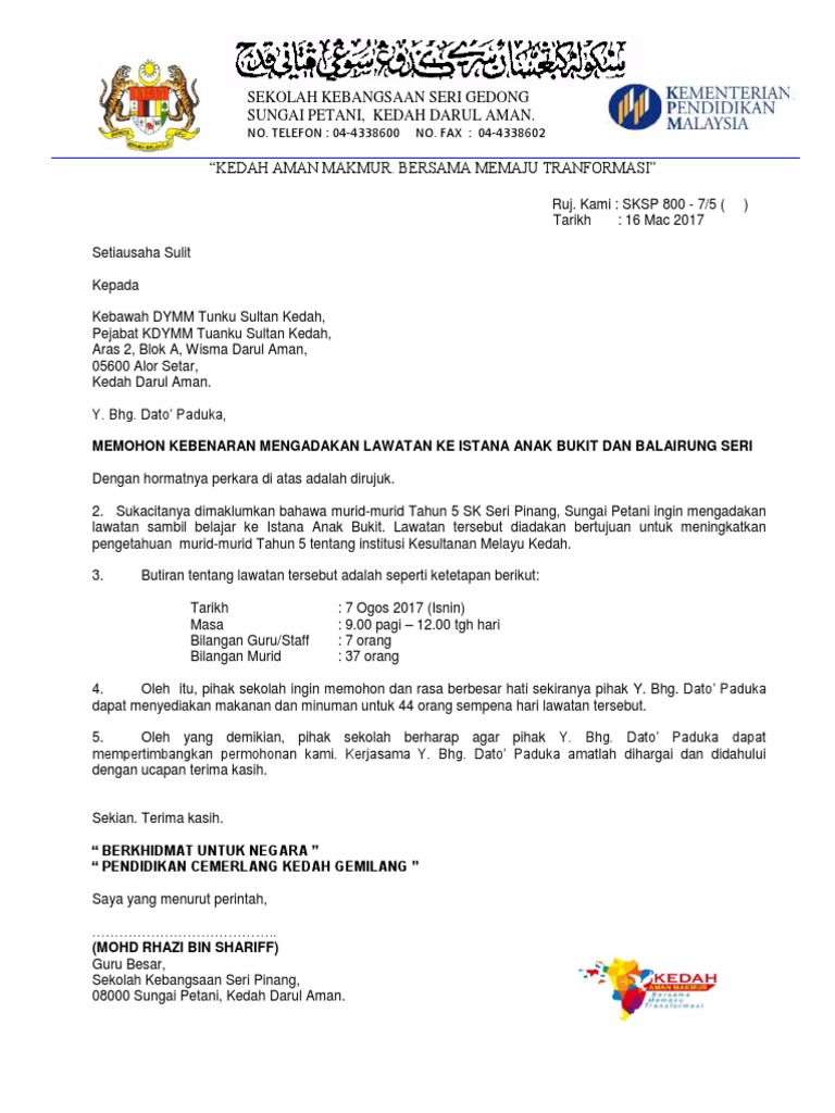Surat Permohonan Lawatan Istana Pdf