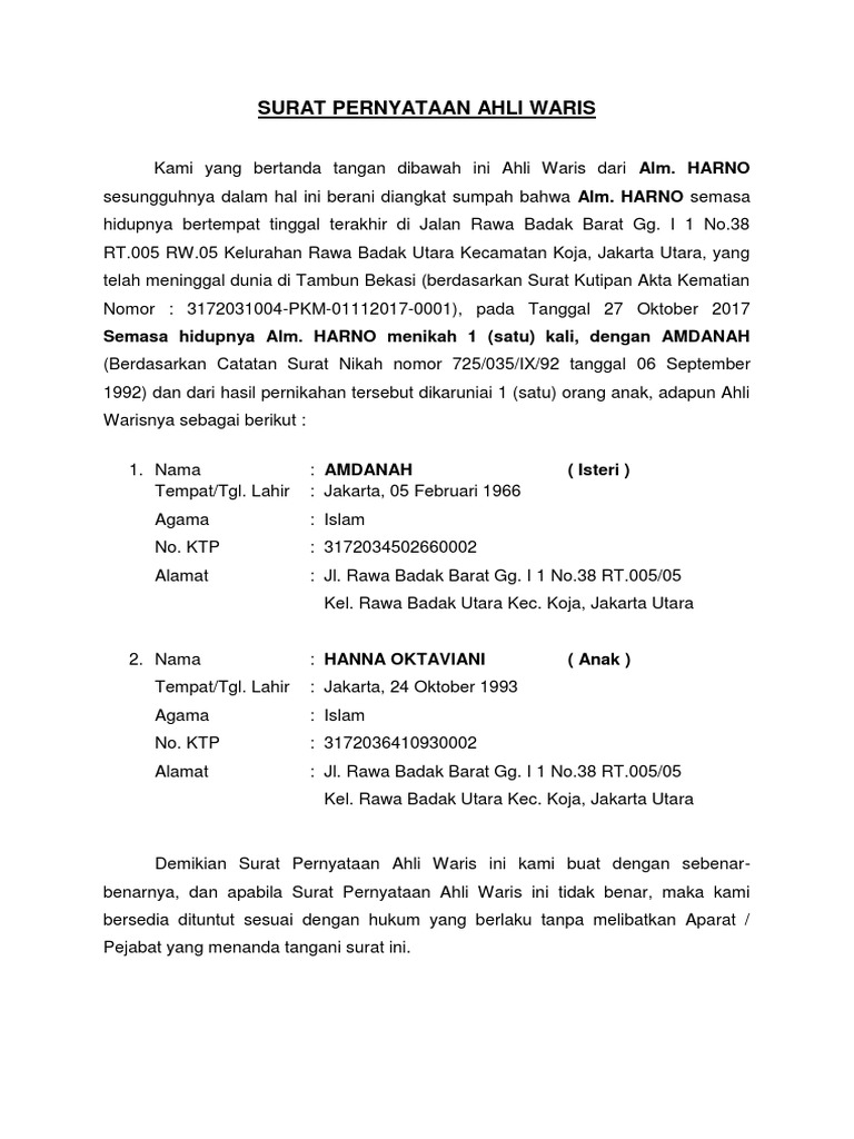 Contoh Surat Kuasa Ahli Waris Tunggal Nusagates