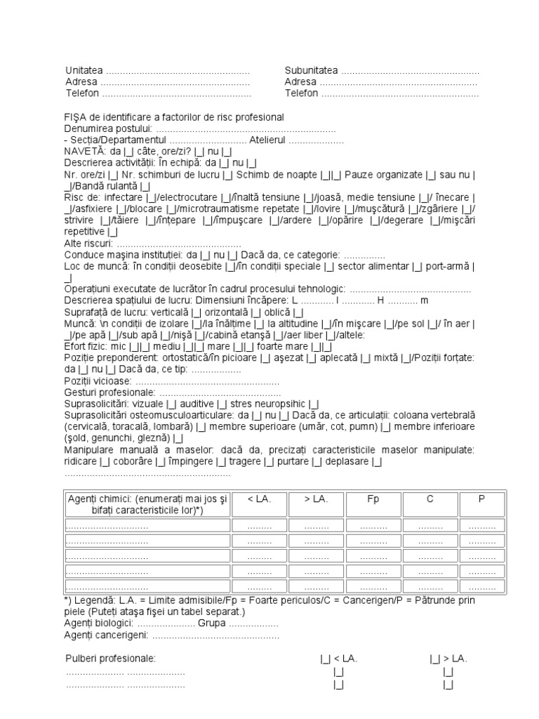 Fisa de Identificare Riscuri Profesionale La Examen Medical Angajare in ...