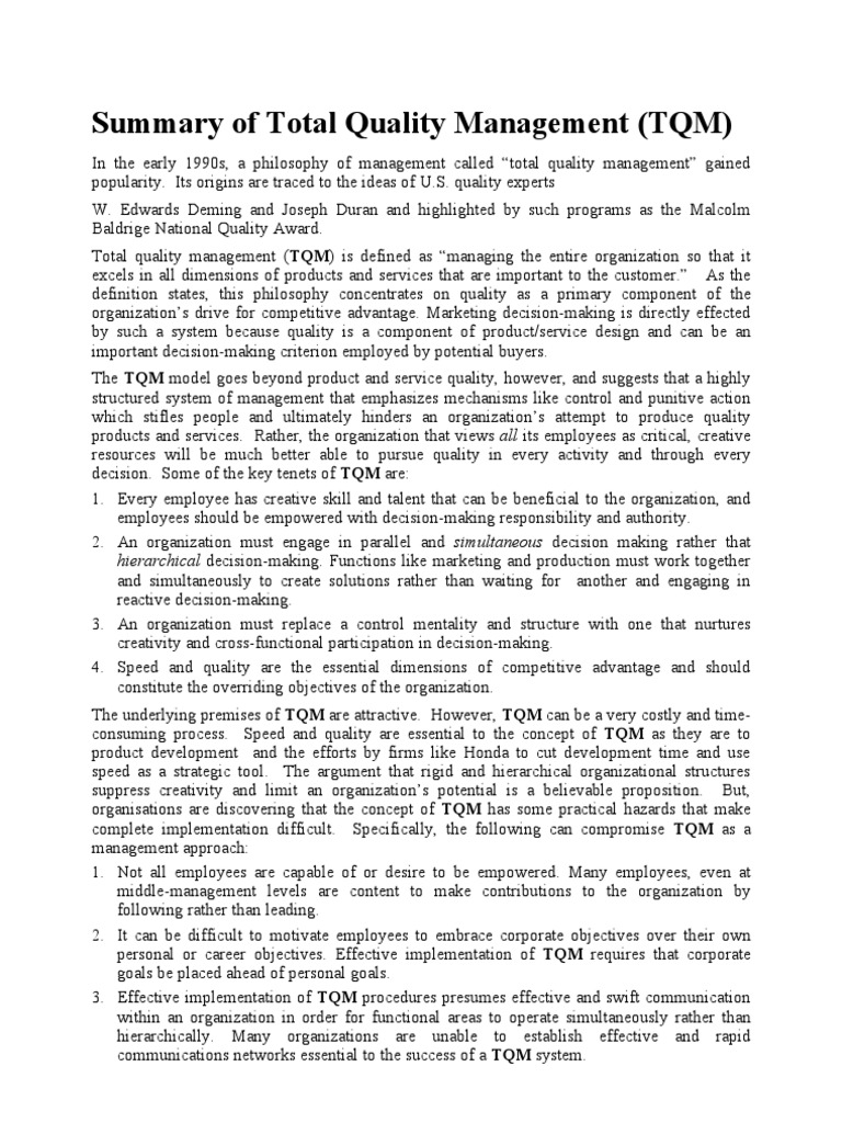 Summary of Total Quality Management (TQM) | PDF | Harley Davidson ...