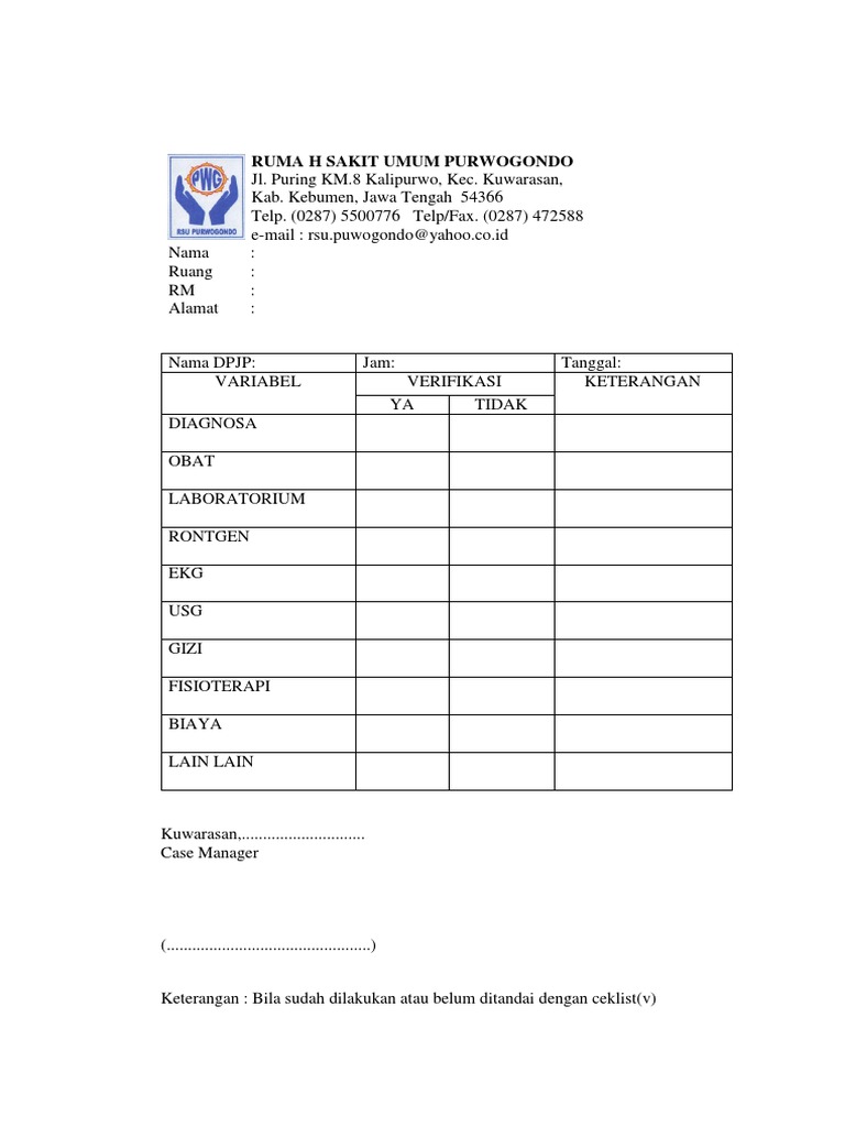 Form Ceklist Case Manager