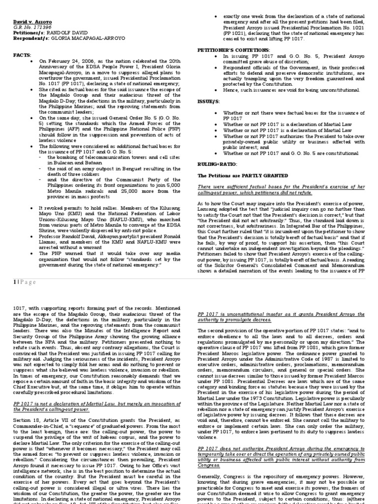 David v. Arroyo (Pol) PDF State Of Emergency Martial Law