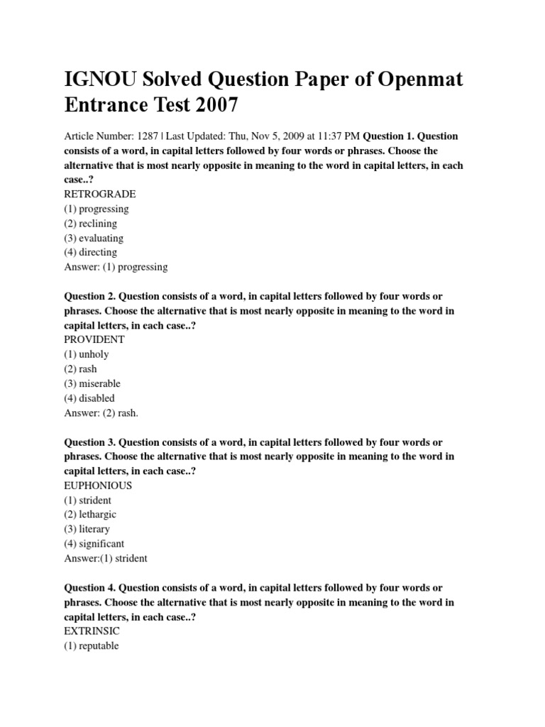 IGNOU Solved Question Paper of Openmat Entrance Test 2007 PDF