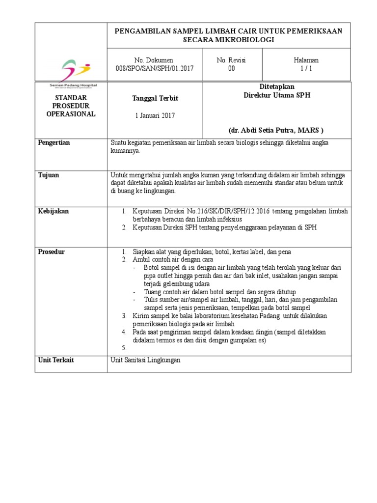 Pengambilan Sampel Limbah Cair Untuk Pemeriksaan Secara Mikrobiologi Doc
