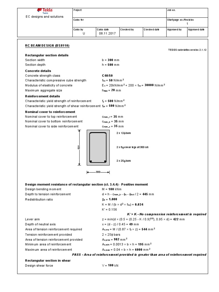 RC Beam Design Calculations BS8110 | PDF | Beam (Structure) | Strength ...