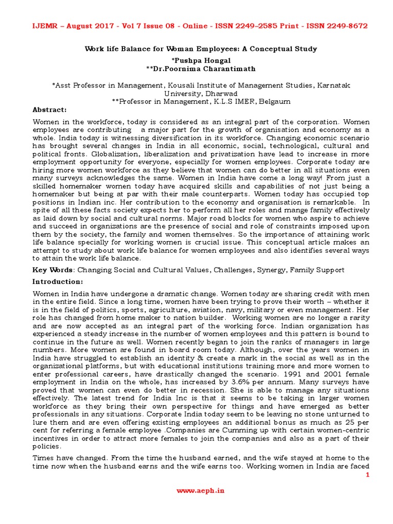 Work Life Balance For Woman Employees A Conceptual Study | PDF | Work ...
