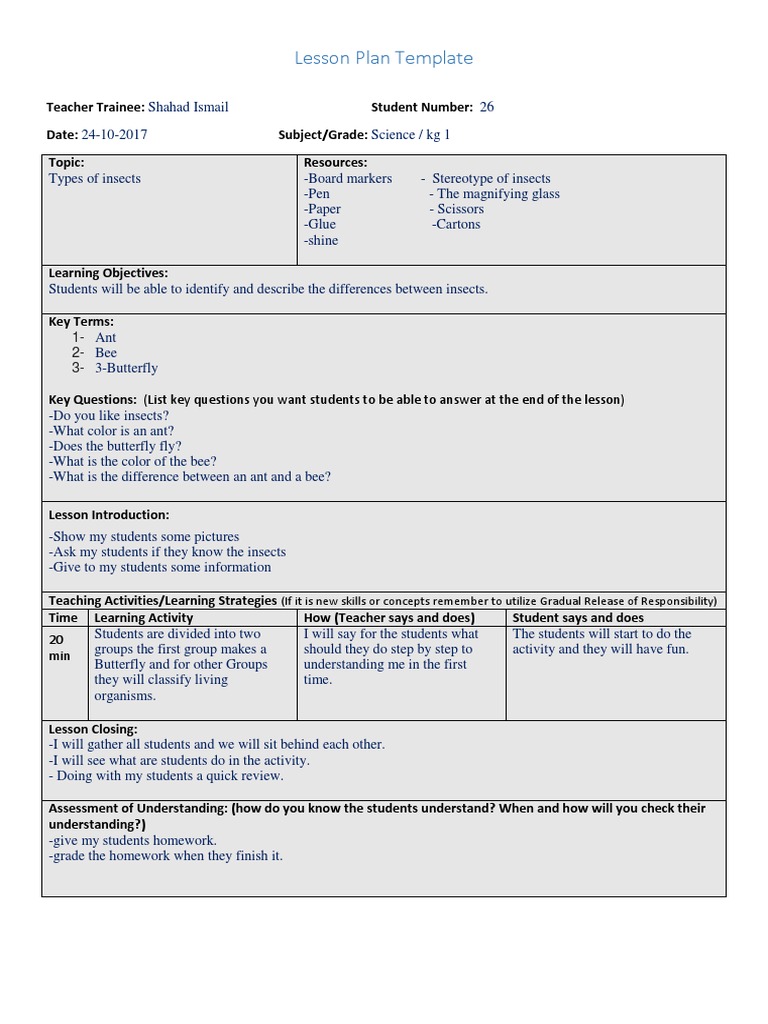 Science Lesson Plan: Insect Types for KG1 | PDF