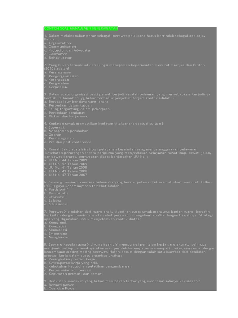 Contoh Soal Manajemen Keperawatan Contoh Soal Manajemen Keperawatan