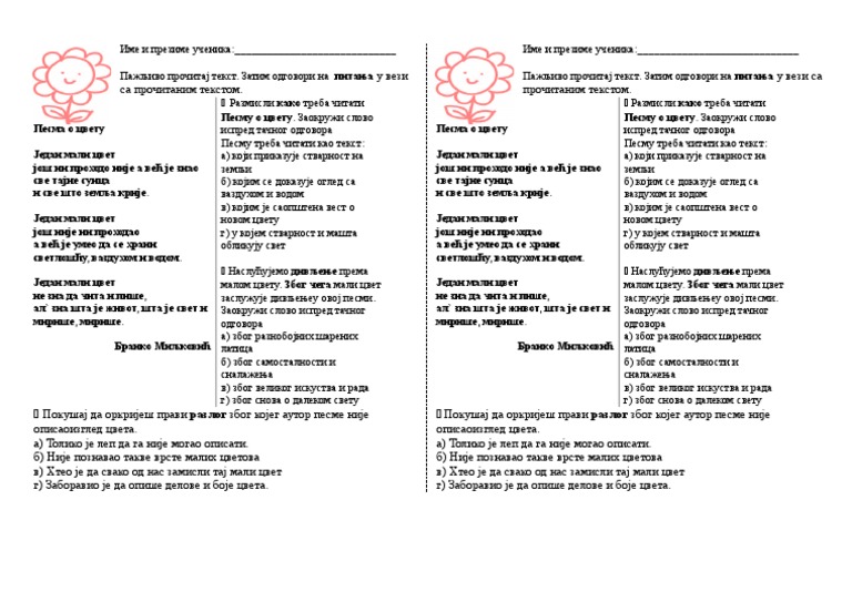Razumevanje Procitanog Pesma o Cvetu | PDF