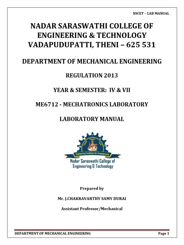 Me6712 Mechatronics Lab Manual PDF PDF Programmable Logic