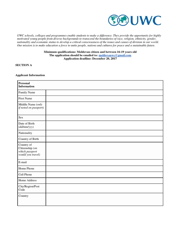 Moldova UWC Application Form 2018 Nationality The Guardian Free