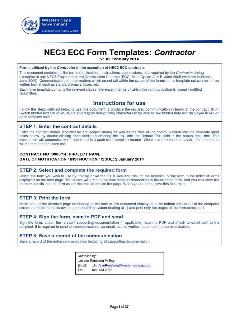 NEC3 ECC Contractor Form Templates V102 General Contractor Project