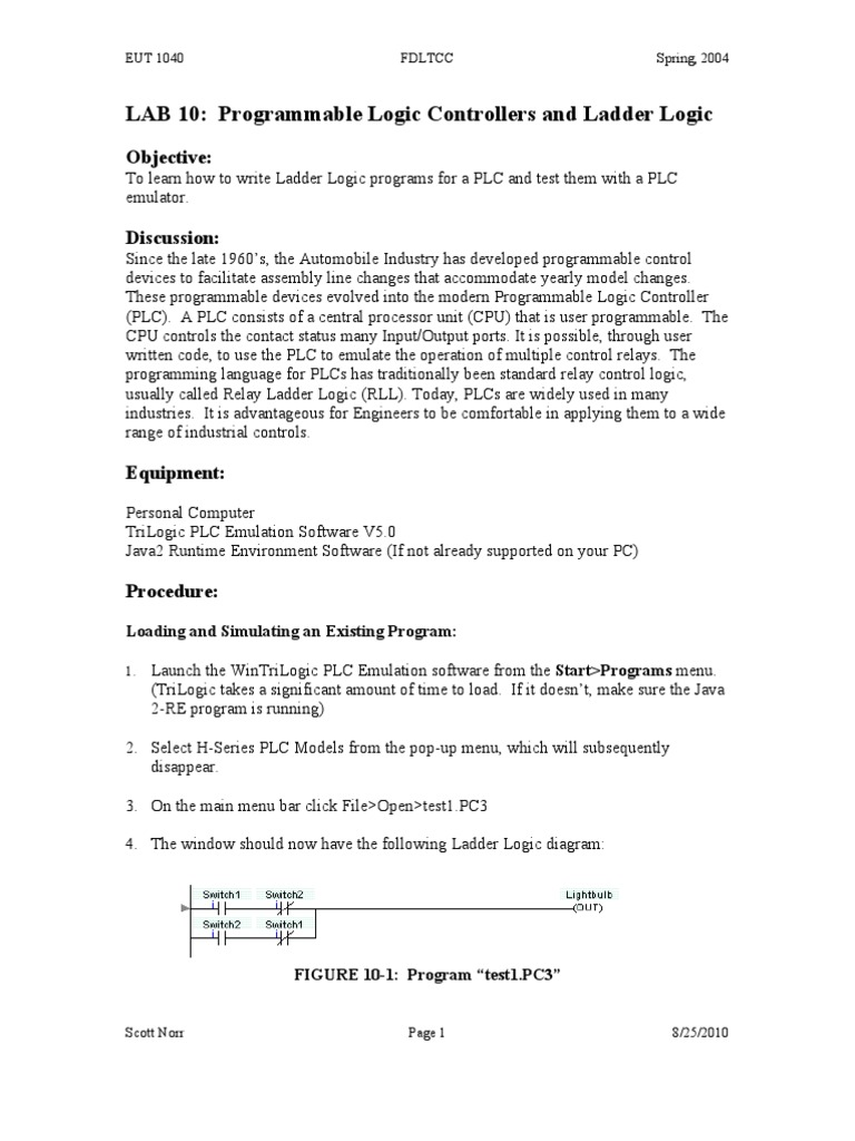 LAB 10 Programmable Logic Controllers and Ladder Logic Objective