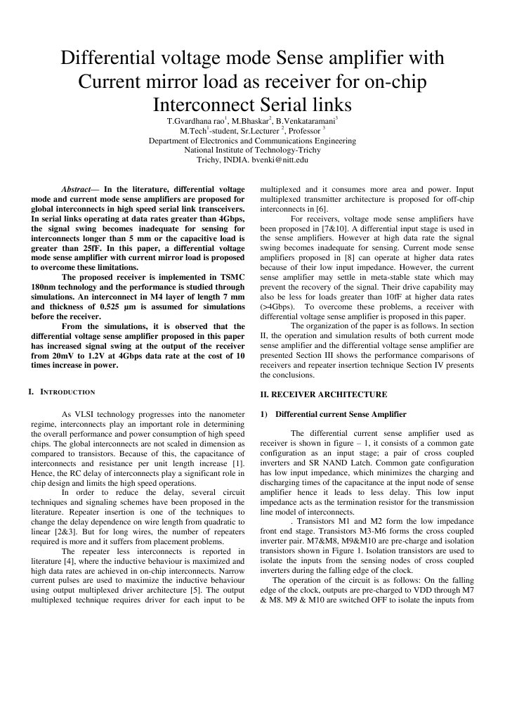 Differential Voltage Mode Sense Amplifier With Current Mirror Load As ...