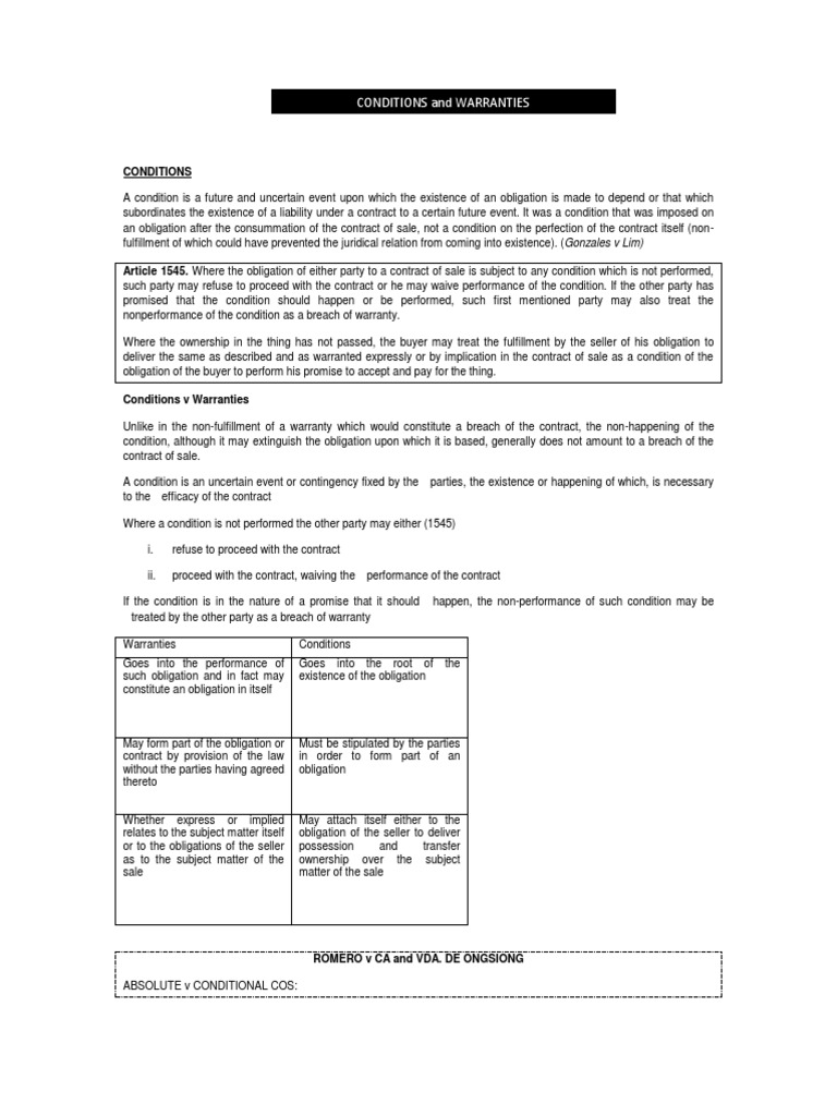 Conditions and Warranties PDF Implied Warranty Civil Law (Legal