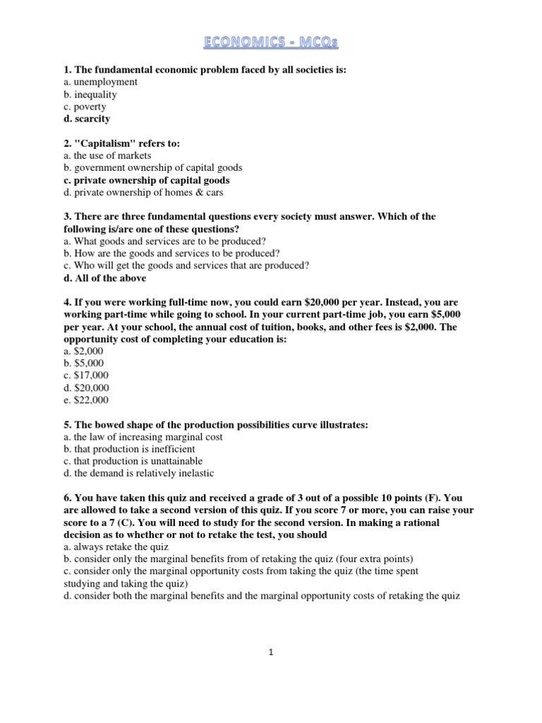 Economics MCQs Supply And Demand Price Elasticity Of Demand