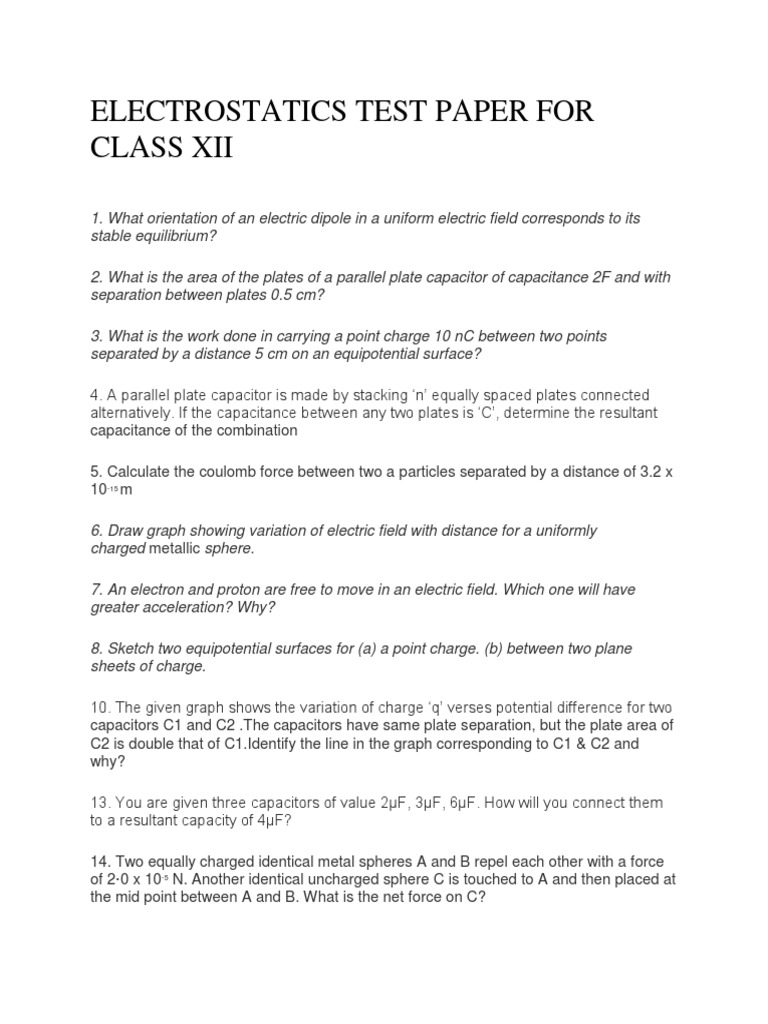 Electrostatics Test Paper For Class Xii | PDF | Capacitance | Capacitor