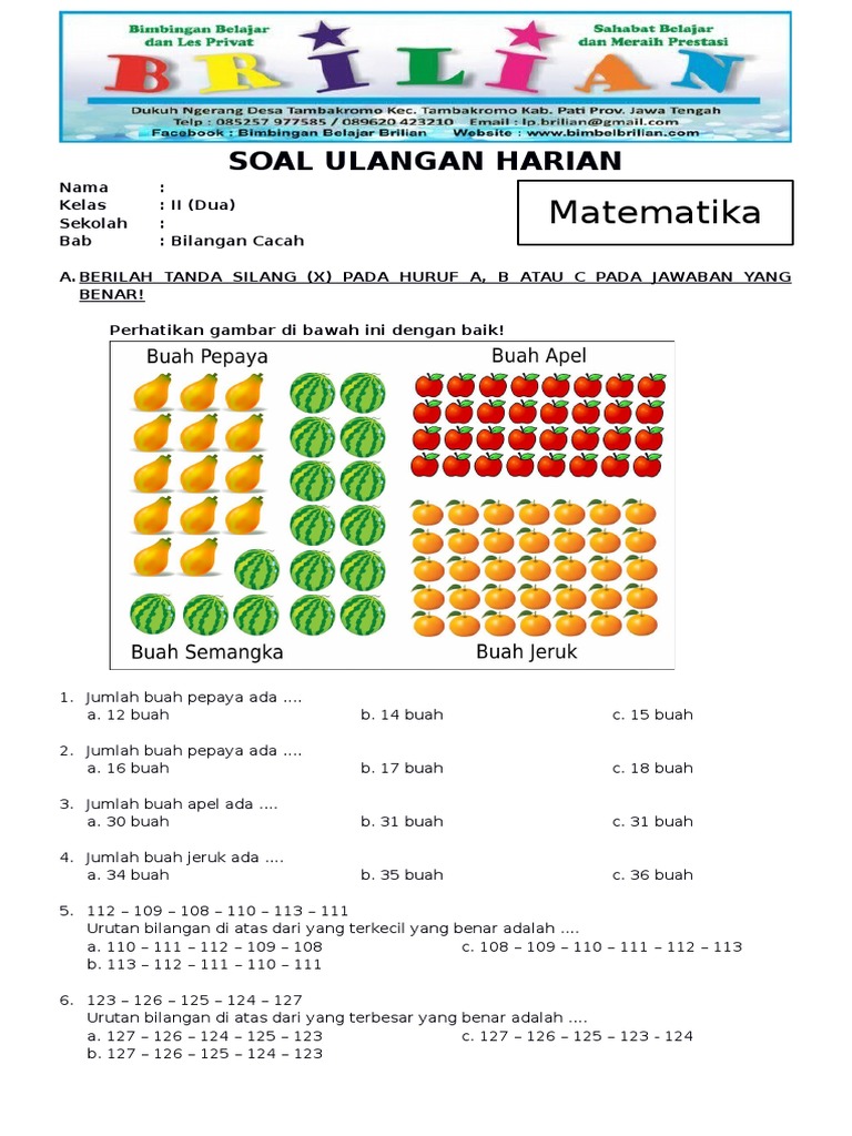 Soal Matematika Kelas 2 SD Bab 1 Bilangan Cacah Dan Kunci