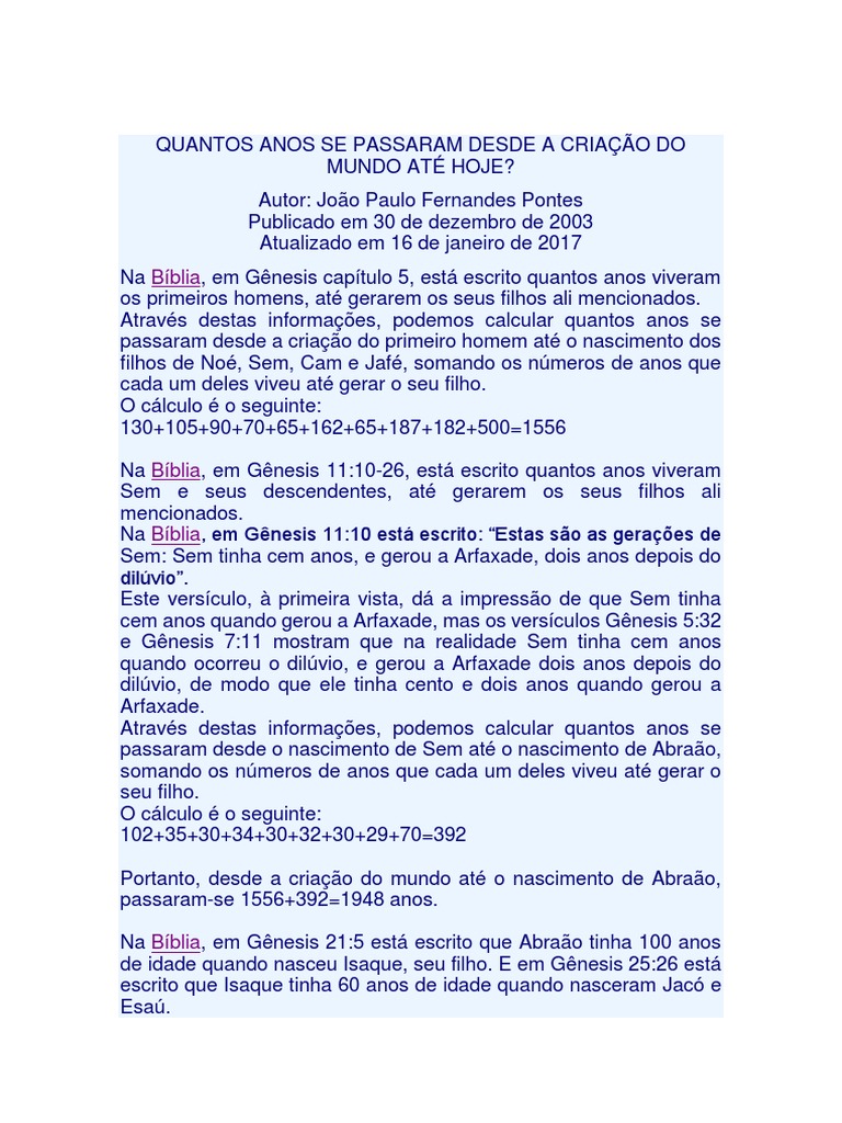 Quantos Anos Se Passaram Desde A Criação Do Mundo Até Hoje PDF