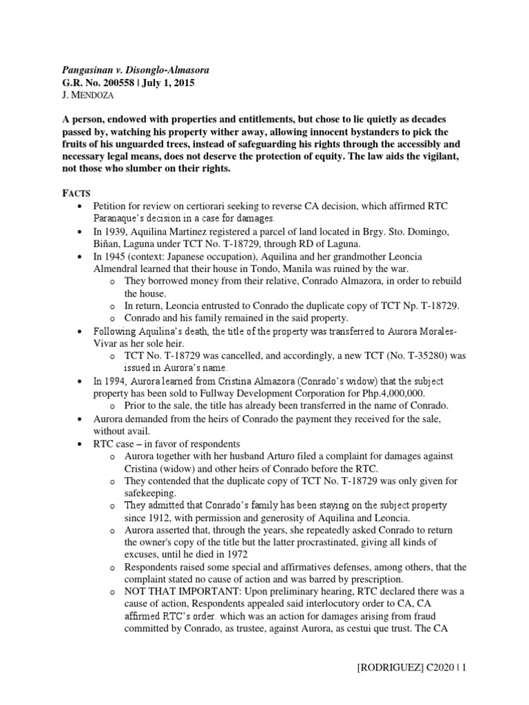 093 Pangasinan v. Disonglo Almazora Rodriguez PDF Laches (Equity