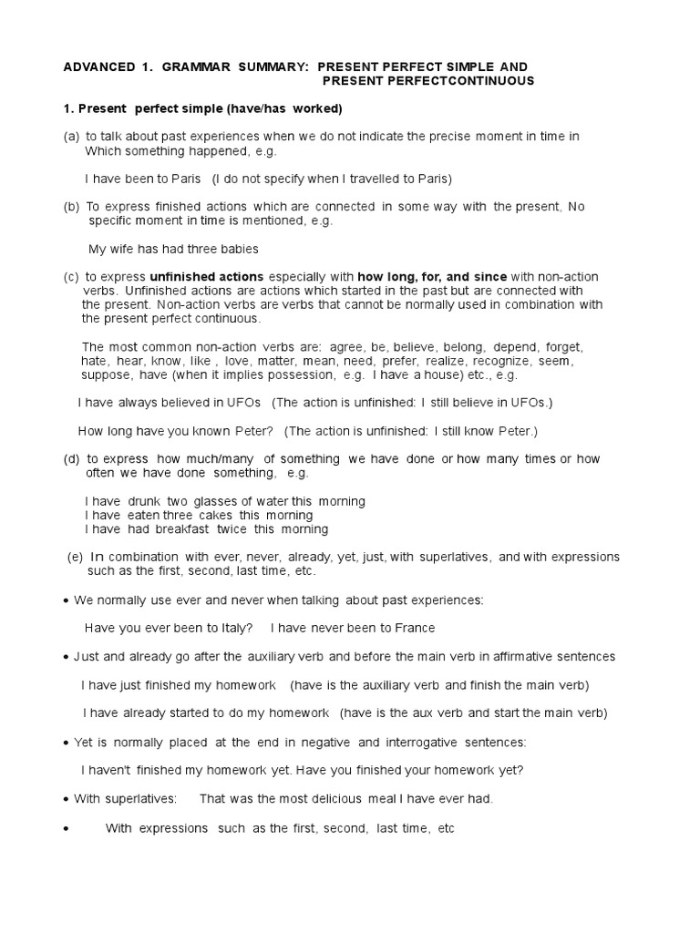 Present Perfect Grammar Summary | PDF | Perfect (Grammar) | Languages