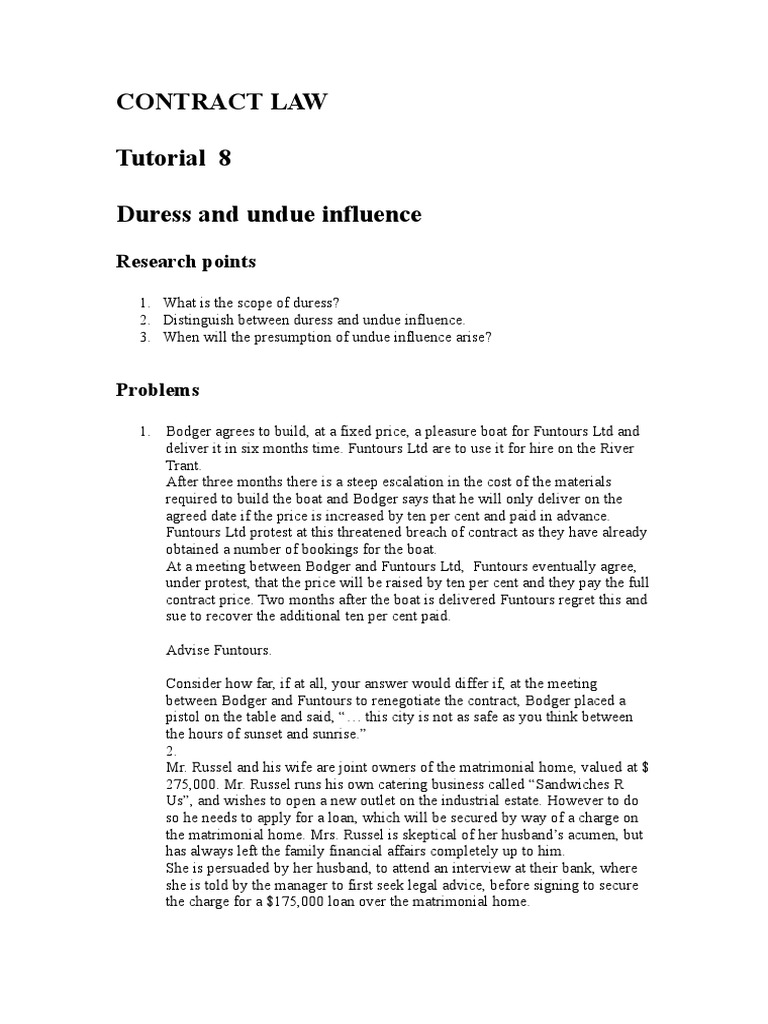 Contract Law Tutorial 8 Duress Government Politics