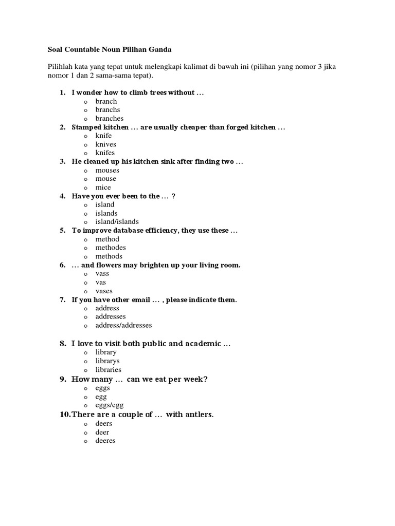 Contoh Soal Countable And Uncountable Noun Berbagai Contoh