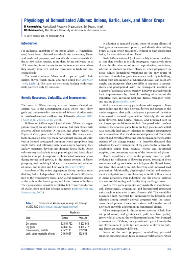 Physiology of Domesticated Alliums Onions, Garlic, Leek, and Minor Crops Download Free PDF