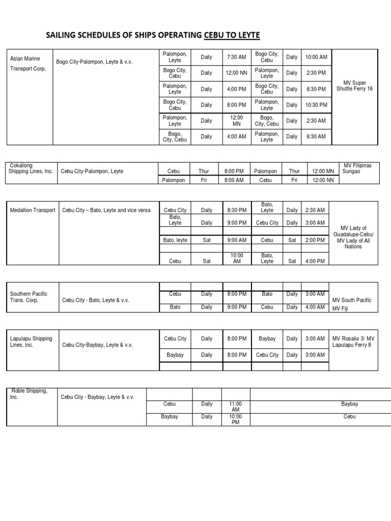 Sailing Schedules CebuLeyte PDF PDF Transport Companies Merchant