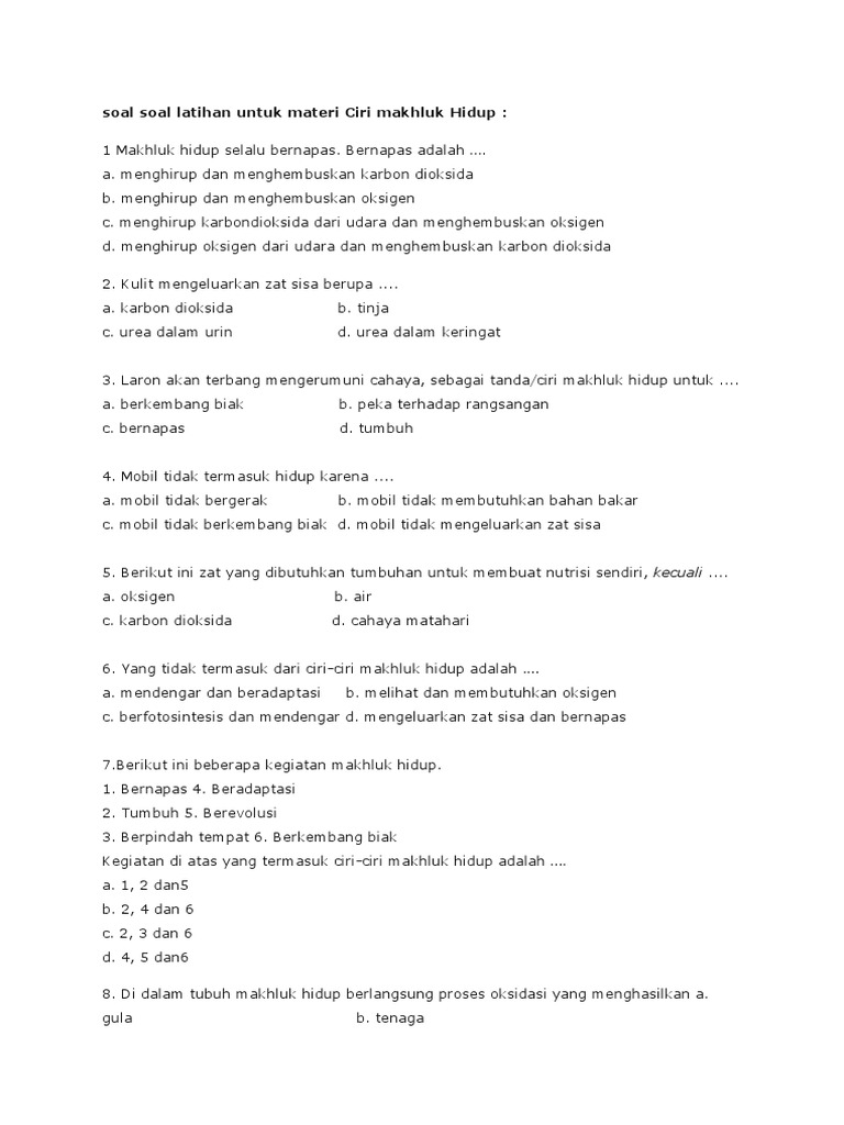 Soal Soal Latihan Untuk Materi Ciri Makhluk Hidup