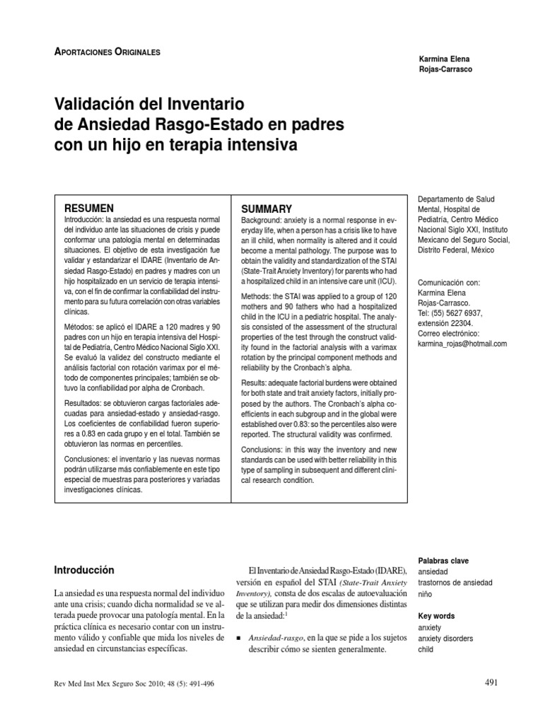 Validación del IDARE en padres de niños en ICU | PDF | Alfa de Cronbach ...