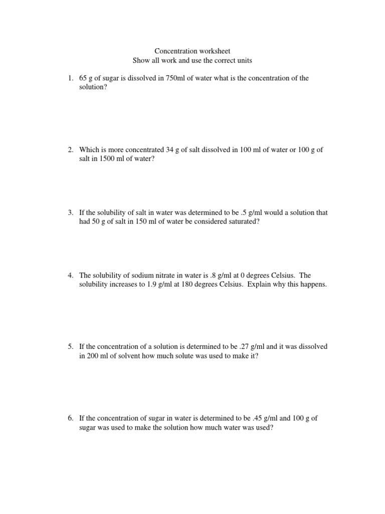 worksheet Solution Concentration Worksheet concentration worksheet