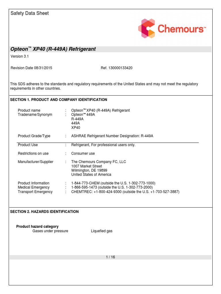 Opteon XP40 (R449A) Refrigerant Safety Data Sheet PDF Toxicity Fluorine