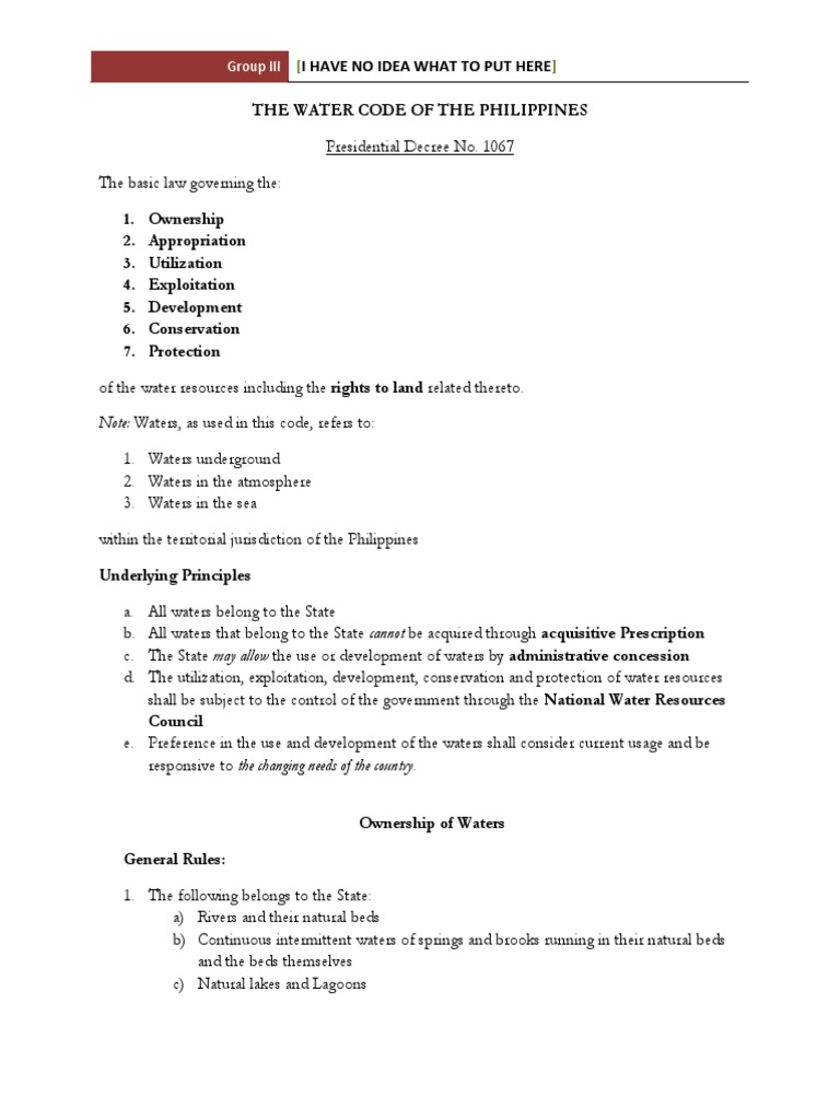 Philippine Water Code Overview | PDF | Water Right | Water Resources
