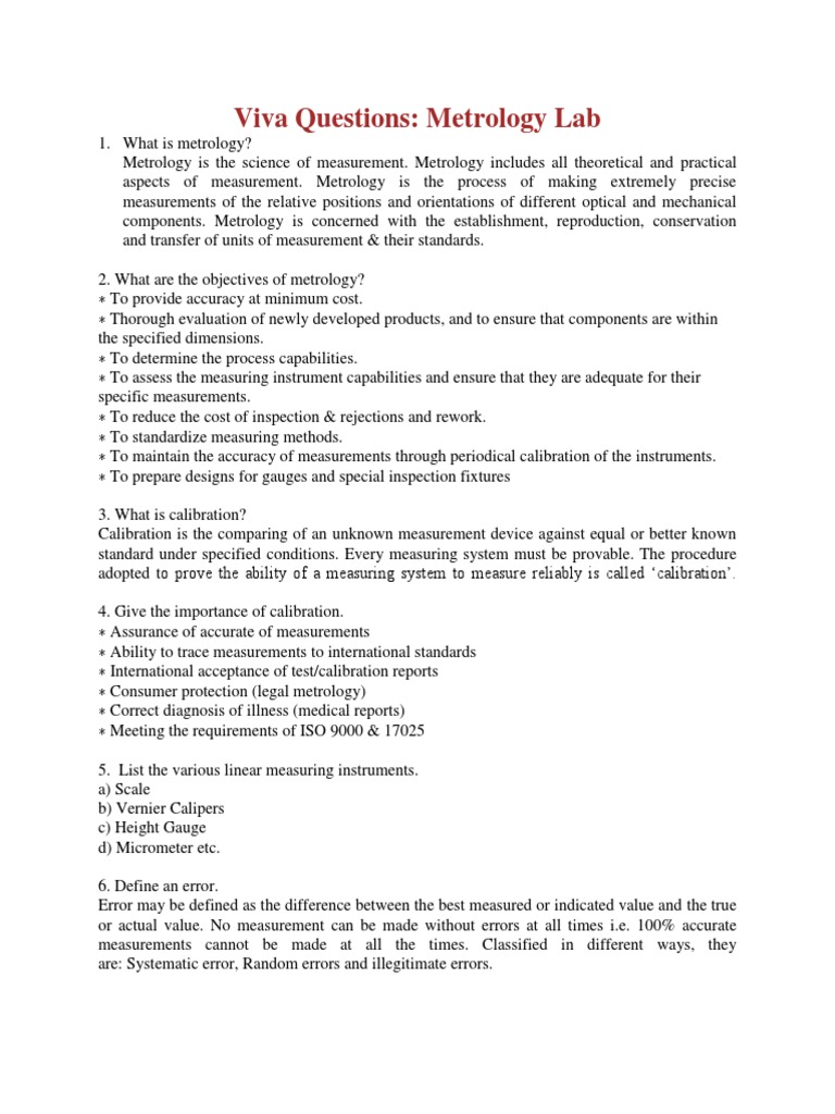 Metrology Viva Questions PDF Accuracy And Precision Metrology