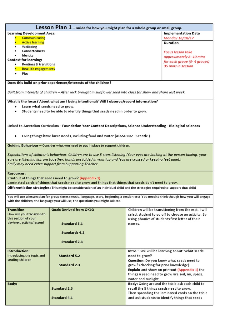 lesson plan 1 - what do seeds need to grow group 1 | Lesson Plan | Learning