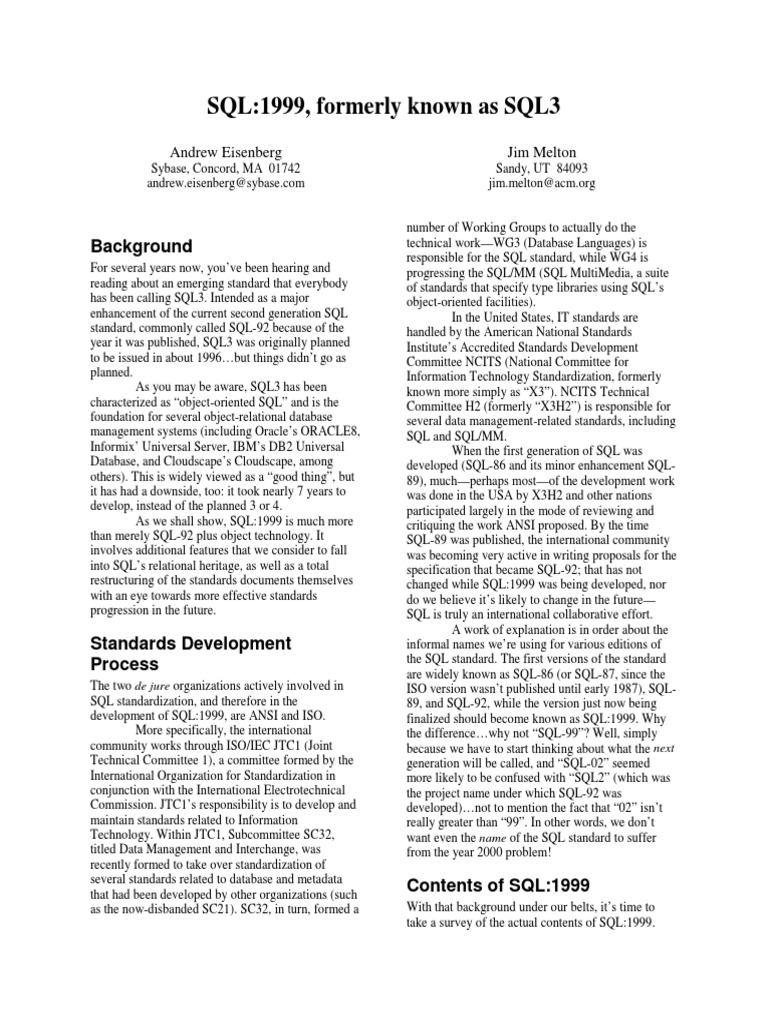 art-SQL99 Formerly Known As SQL3 PDF | PDF | Data Type | Method ...