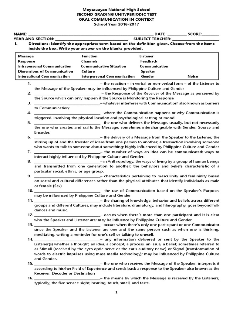 Grade 11 Oral Communication Exam 2nd Qtr | PDF | Interpersonal ...