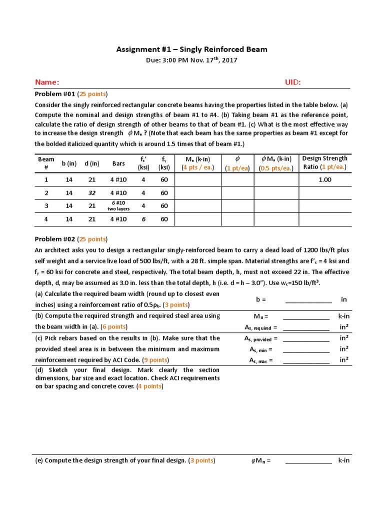 Lecture 03 Singly Reinforced Beam HW01 | PDF | Strength Of Materials ...